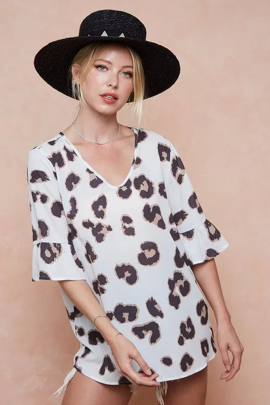 Leopard Printed V Neck Woven Top with Ruffled, image 13