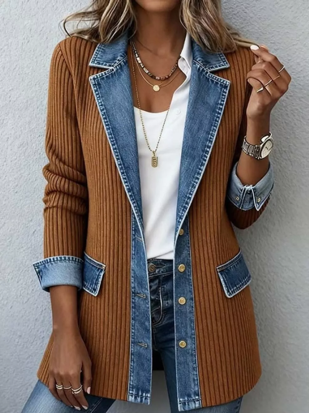 Full Size Denim Trim Ribbed Knit Cardigan Plus Size, image 8