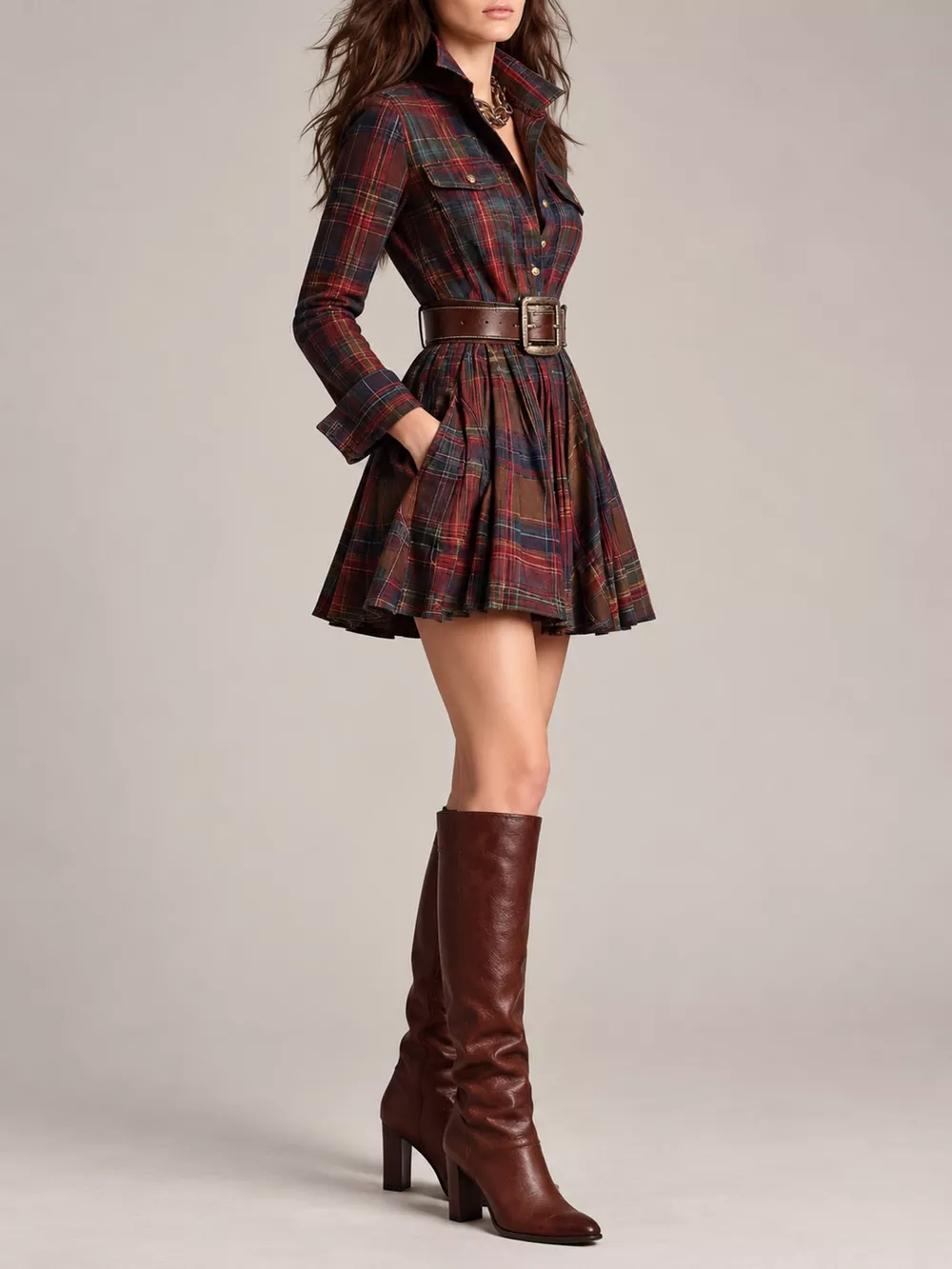 Plaid Long-Sleeve Shirt Dress, image 2