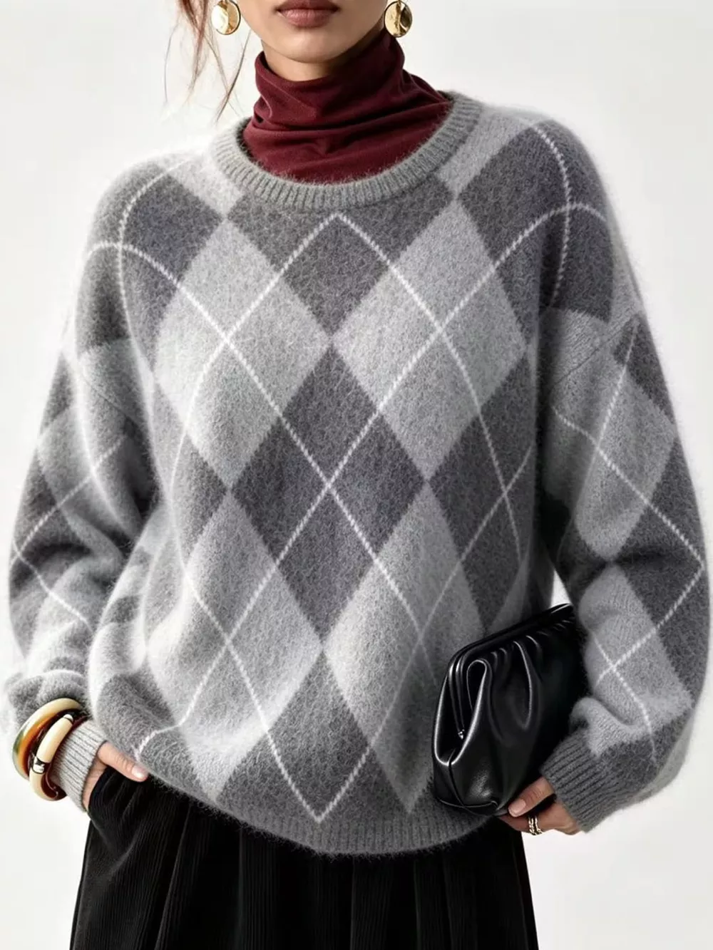 Argyle Pattern Fuzzy Knit Sweater, image 19