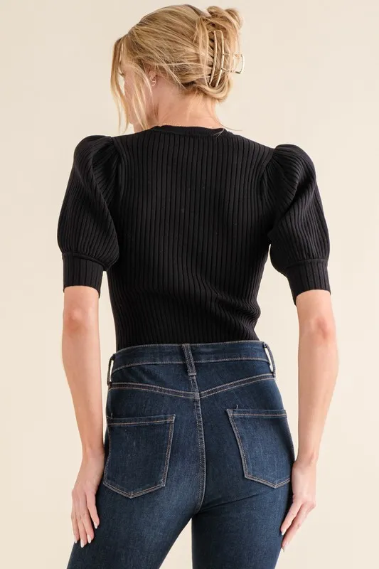 Puffed Half Sleeve Rib Basic Bodysuit, image 2