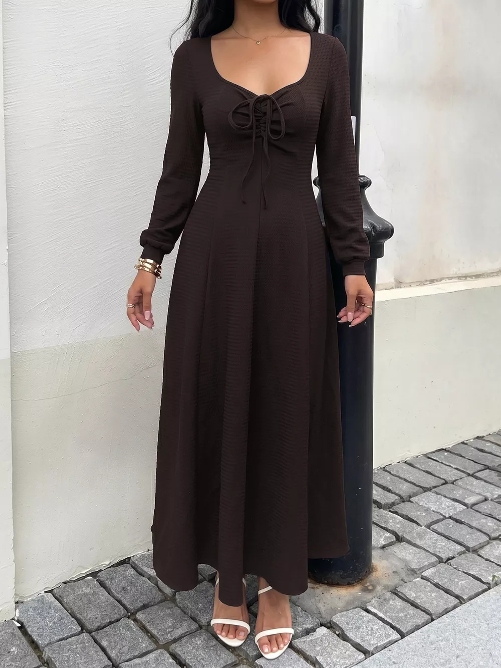 Long Sleeve Tie-Front Maxi Dress, image 2
