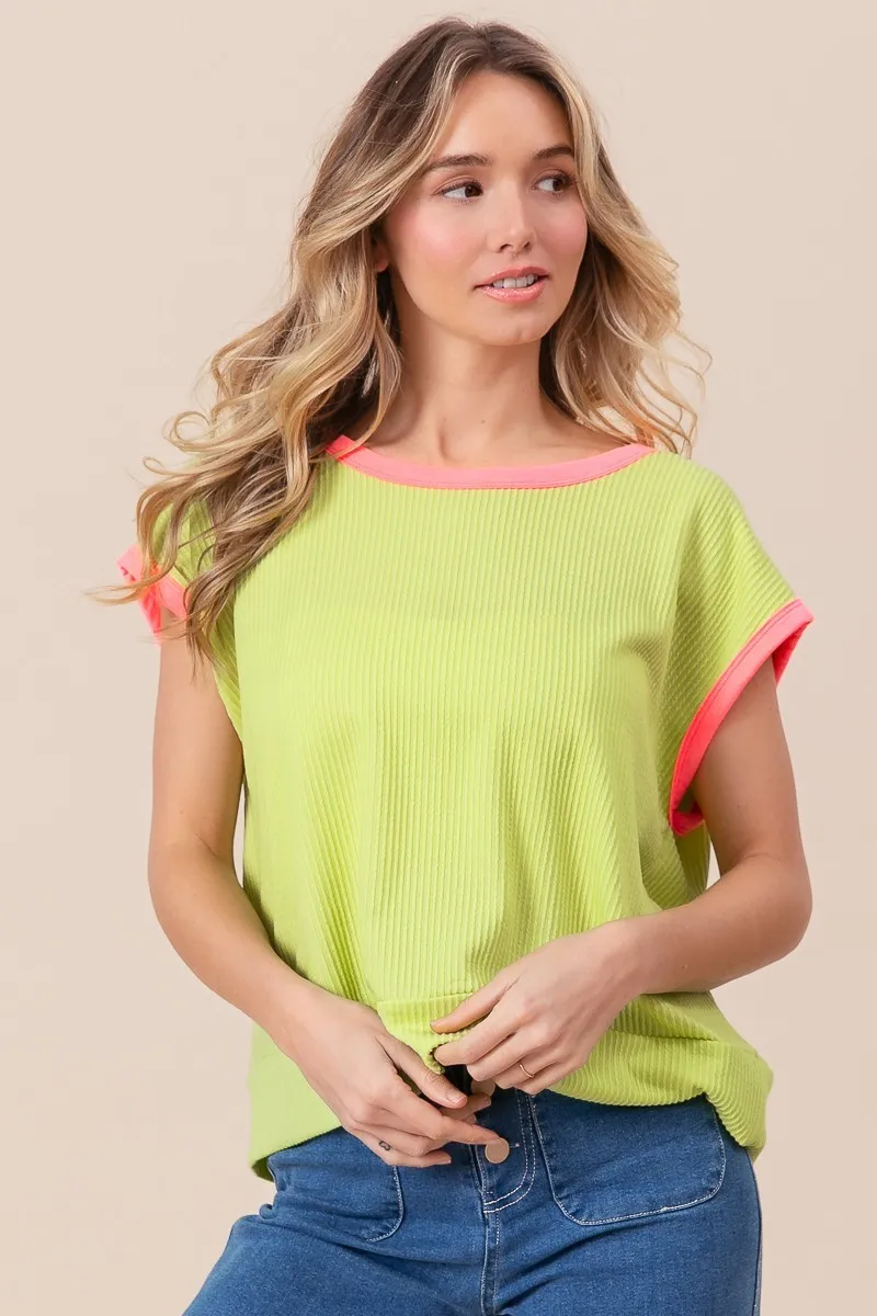 Cord Rib Knit Contrast Banded Top, image 3