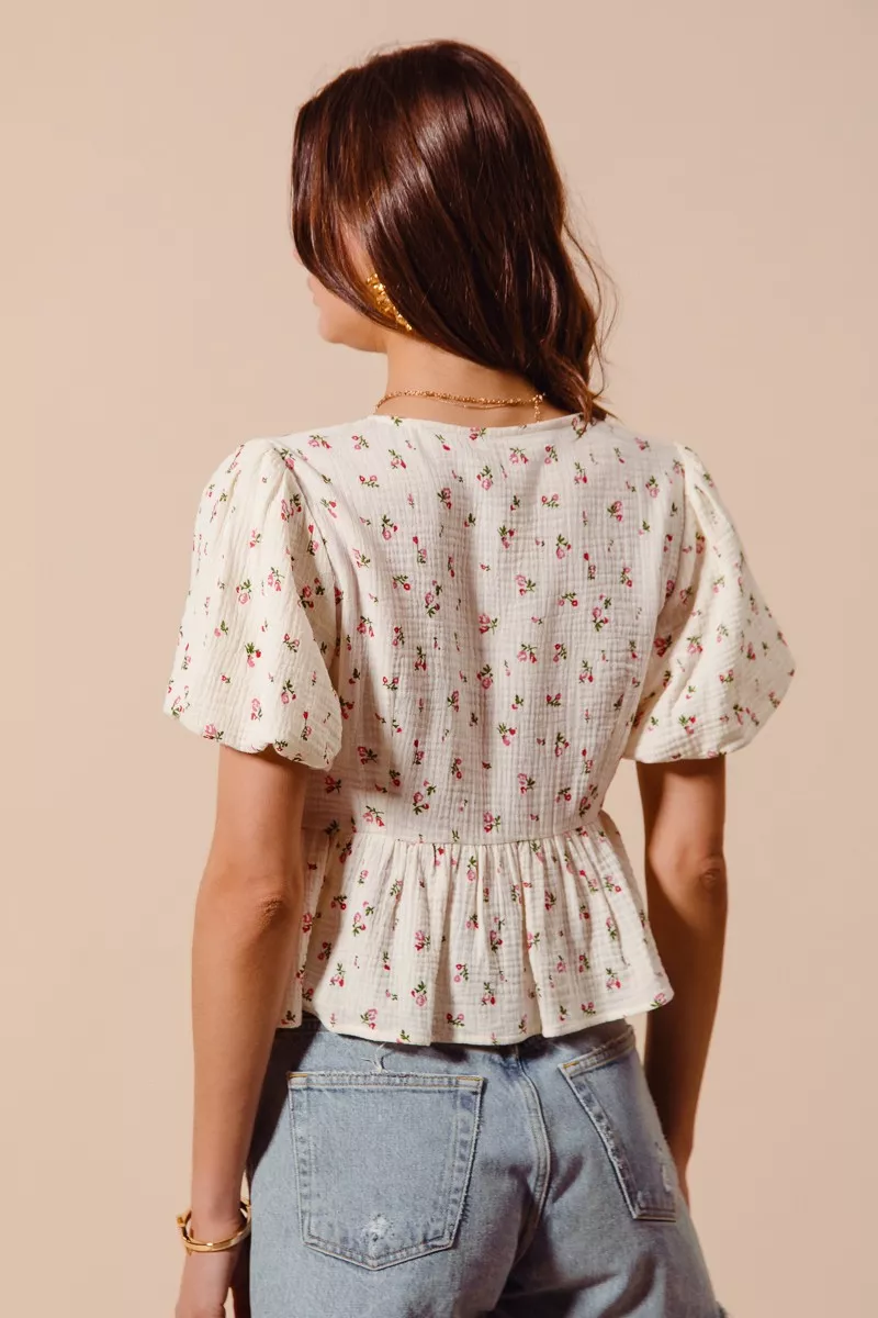 Ditsy Floral Print Gauze Tie-Front Blouse, image 4