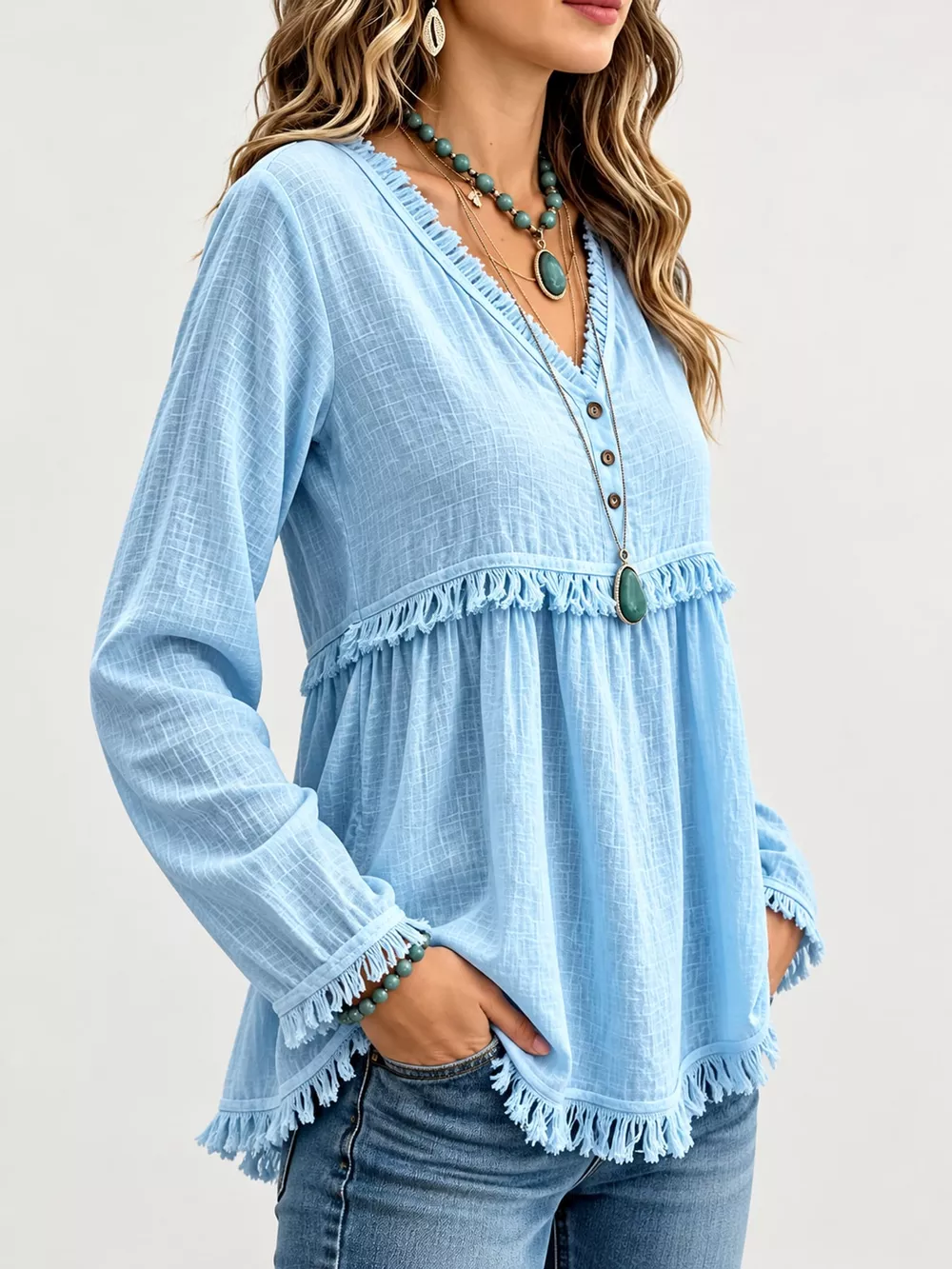Full Size Fringed Trim V-Neck Long Sleeve Blouse Plus Size, image 29