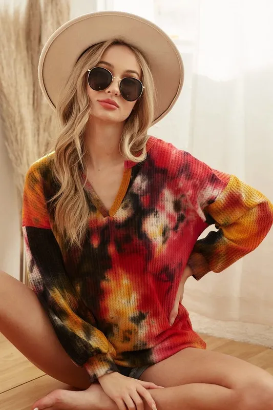 Tie Dye Brushed Waffle Top With Bubble Sleeves, image 2
