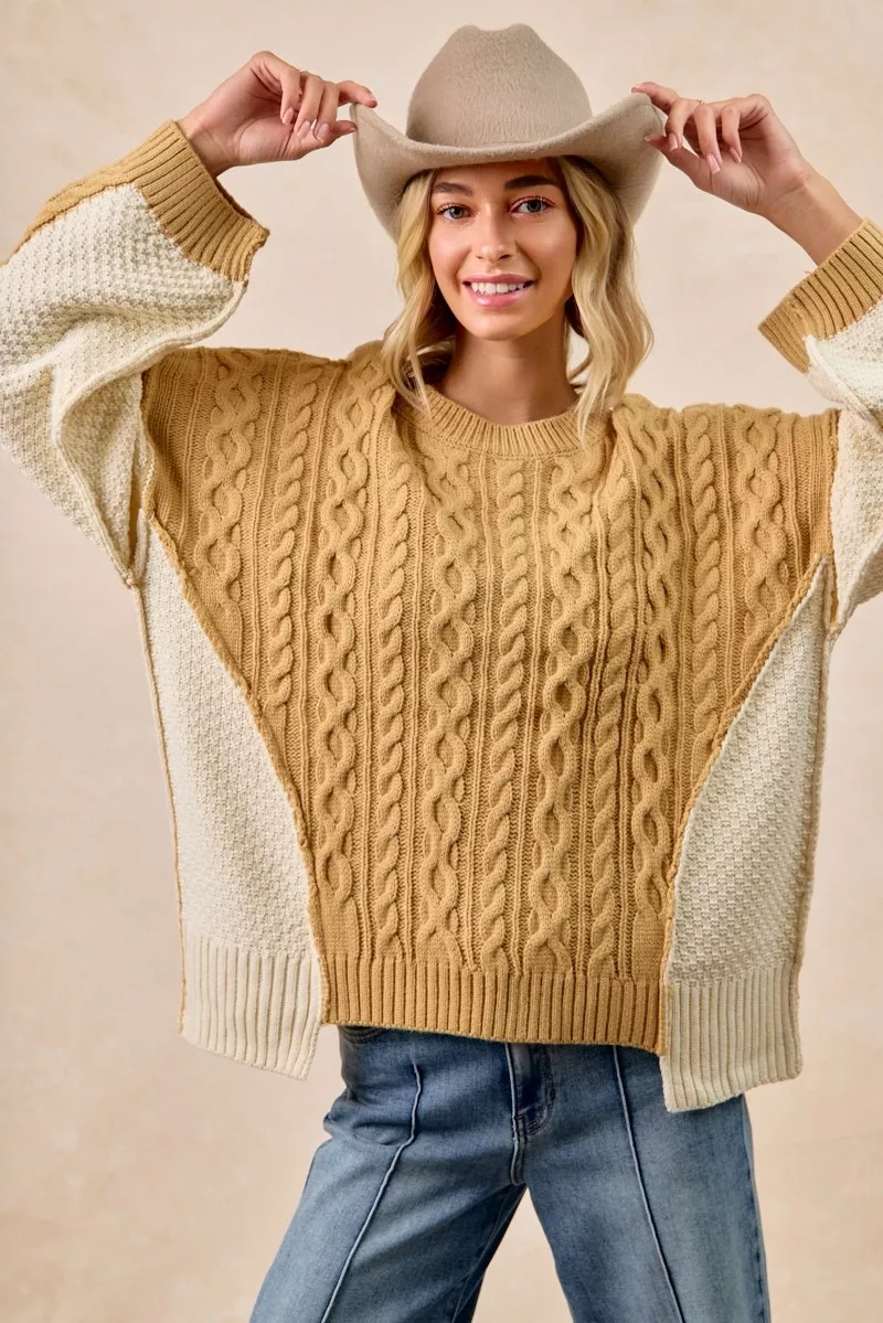 Cable Knit With Hacci Combo Sweater With Uneven Hem Detail, image 3