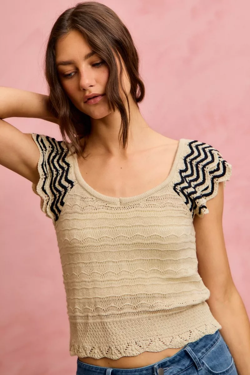 Wavy Textured Knit Top With Fluttered Sleeves, image 2