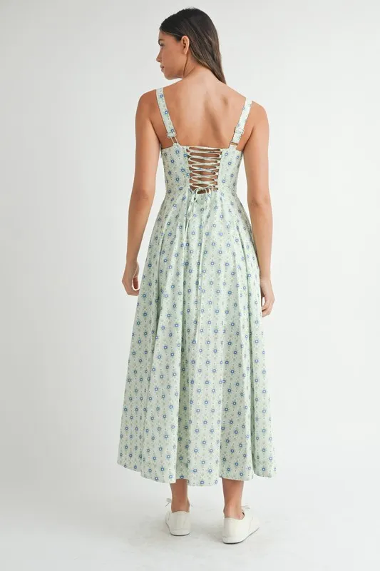 Floral Print Bustier Back Lace Up Midi Dress, image 2
