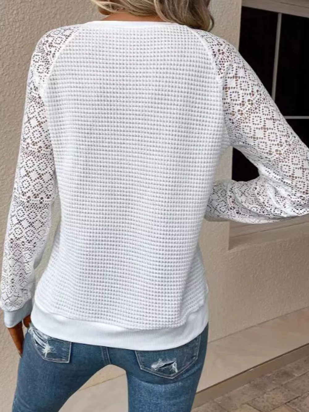 Waffle Knit Lace Sleeve T-Shirt, image 3
