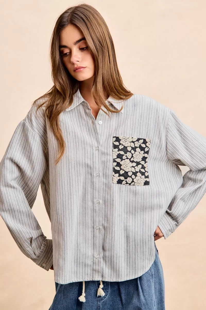 Flower Jacquard Knit Patch Pocket Stripe Shirt, image 6