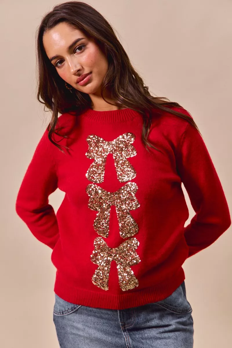 Sequins Bow Ribbon Embellished Christmas Sweater