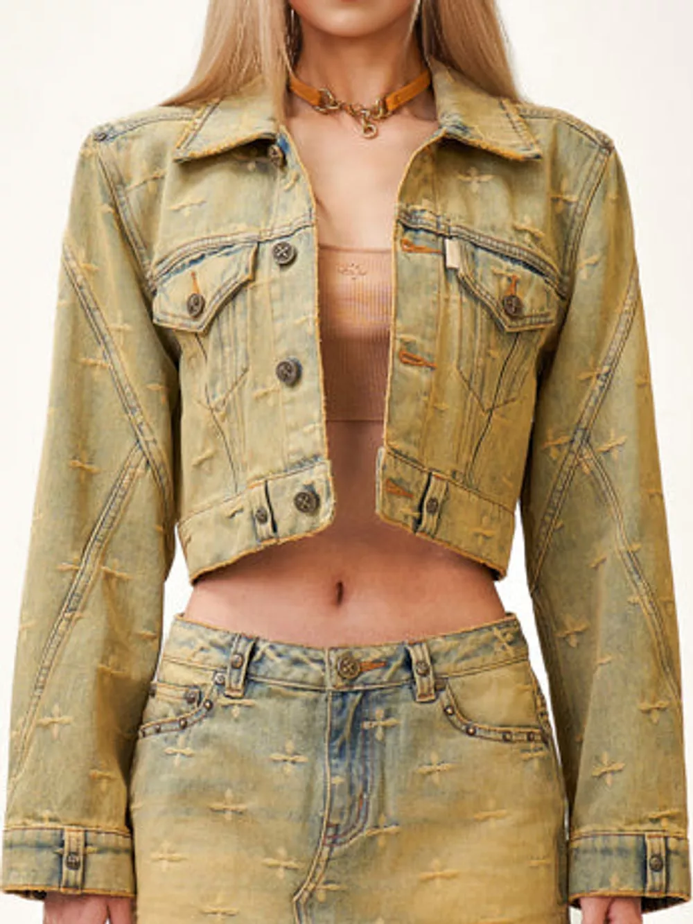 Cross Pattern Cropped Denim Jacket