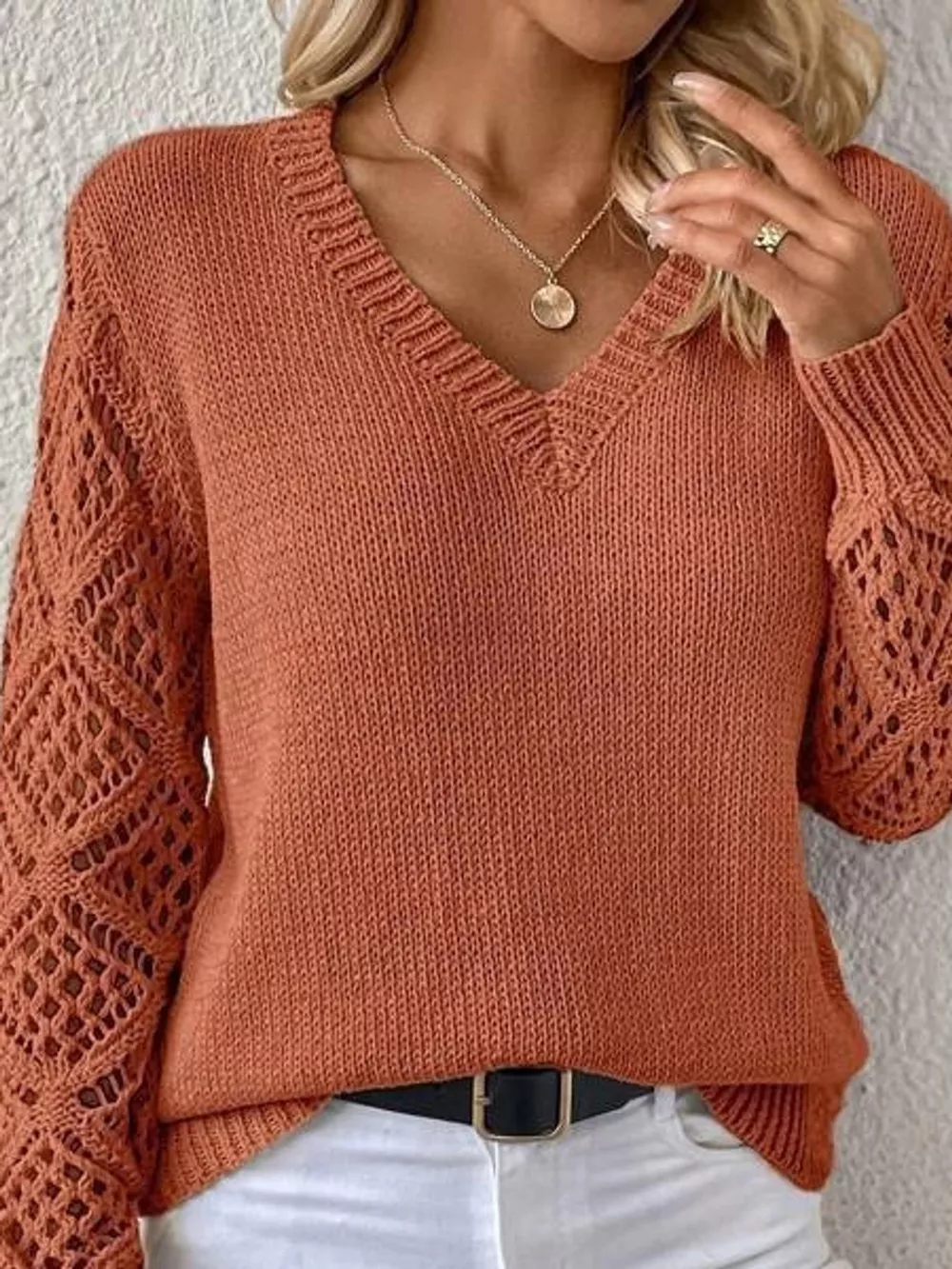 Full Size V-Neck Hollow-Out Long Sleeve Sweater Plus Size, image 2