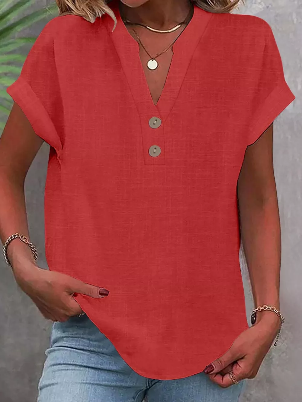 Full Size Button Detail Short Sleeve Blouse Plus Size, image 31