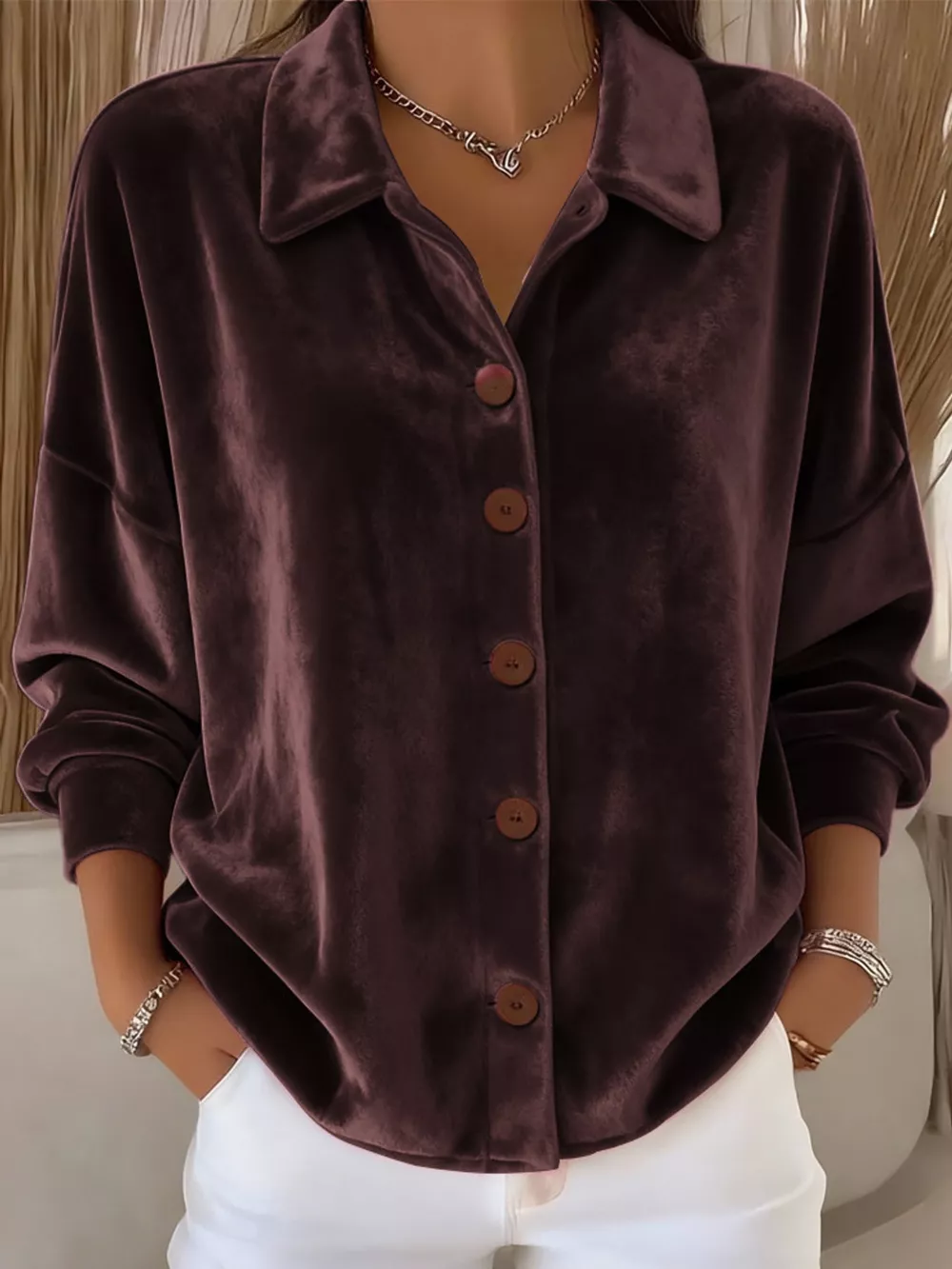 Full Size Velvet Button-Down Long Sleeve Shirt Plus Size, image 18