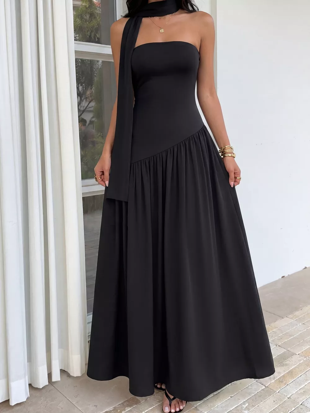 Slit Tube Maxi Dress with Scarf