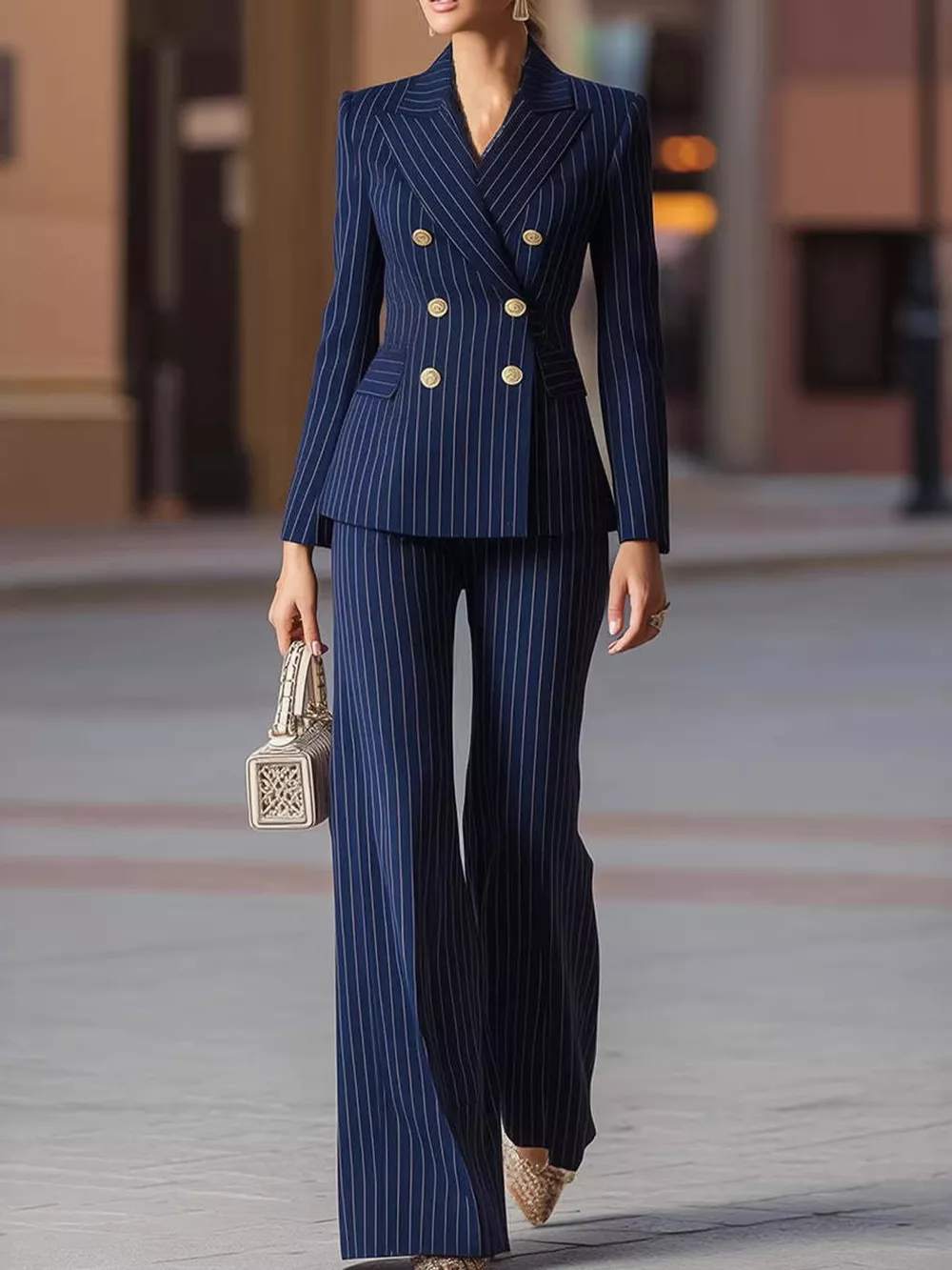Double-Breasted Pinstripe Blazer and Wide-Leg Pants Set