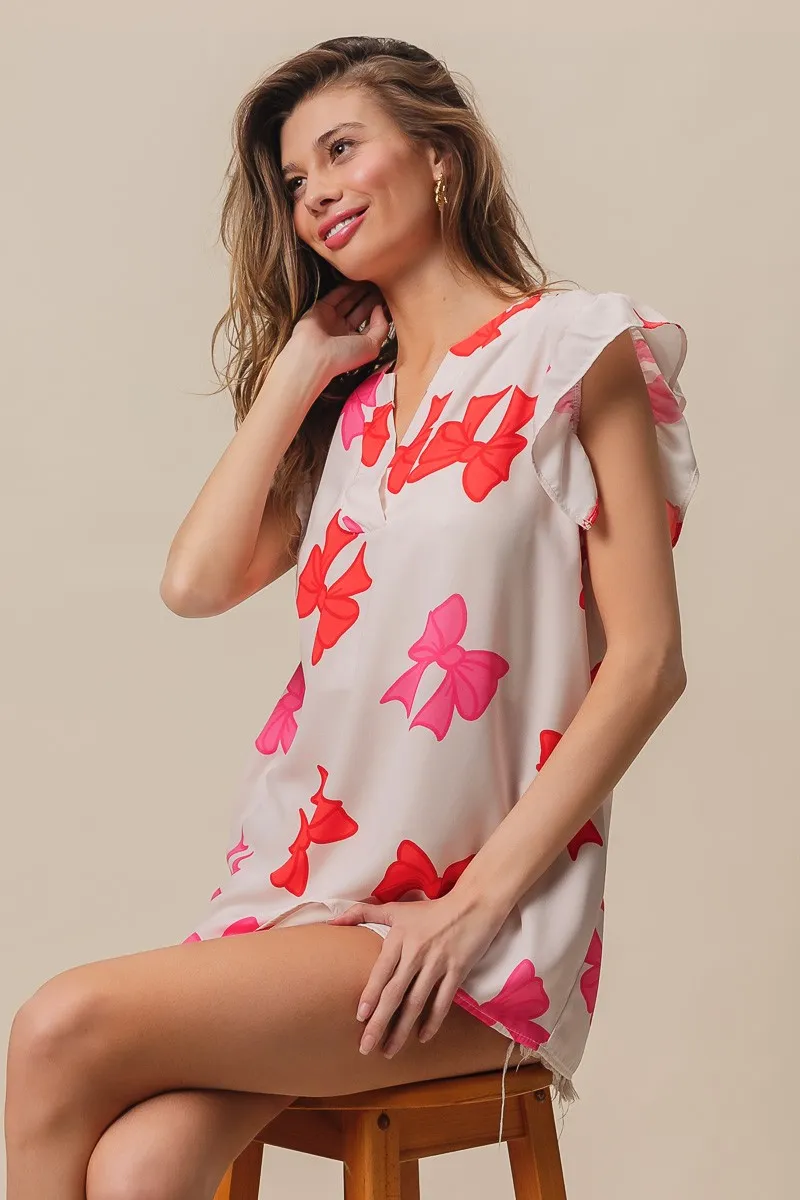 Bow Printed Woven Ruffled Sleeves V Neck Top, image 16