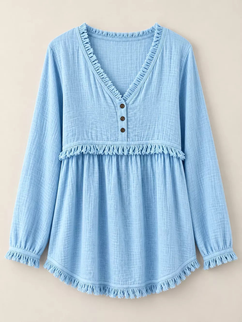 Full Size Fringed Trim V-Neck Long Sleeve Blouse Plus Size, image 31