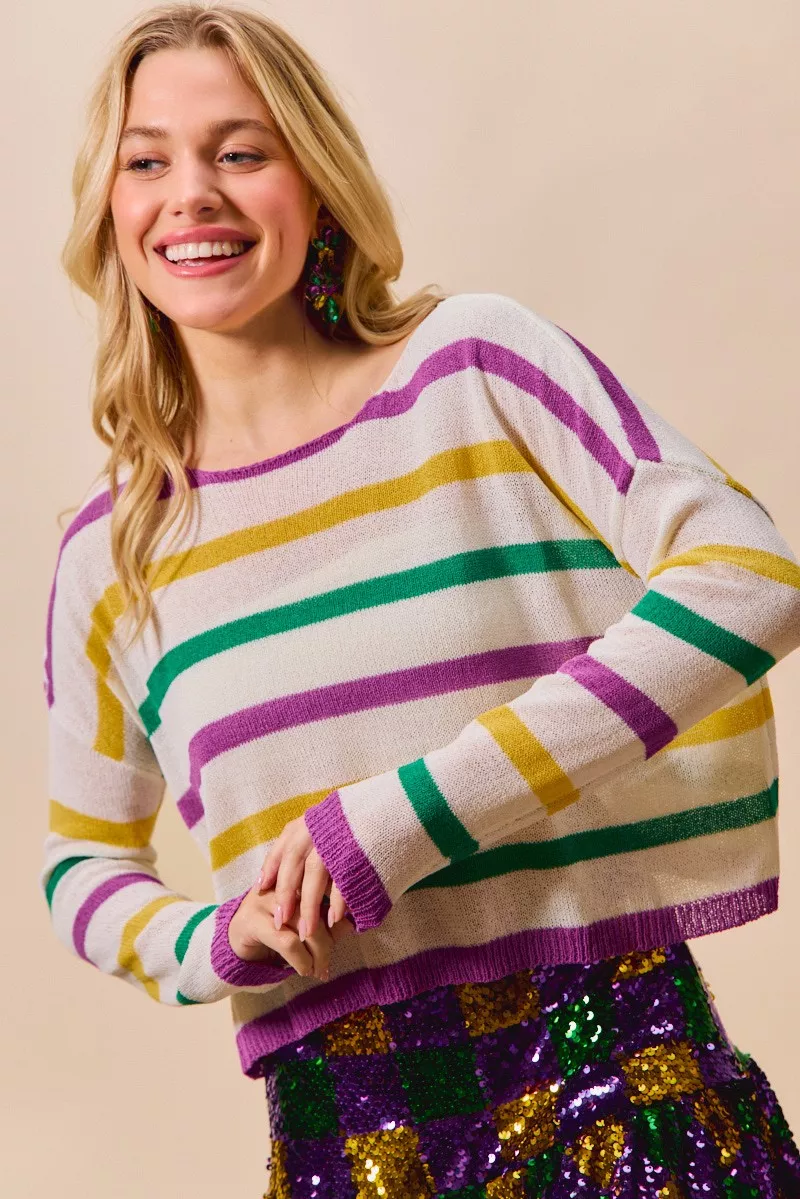 Mardi Gras Color Stripe Lightweight Sweater Top, image 6