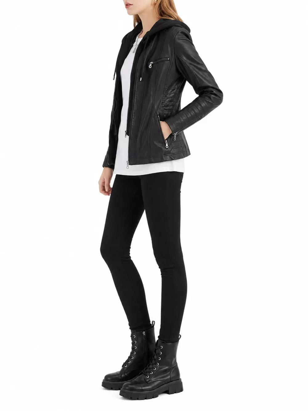 Full Size Detachable Hooded Faux Leather Moto Jacket Plus Size, image 4