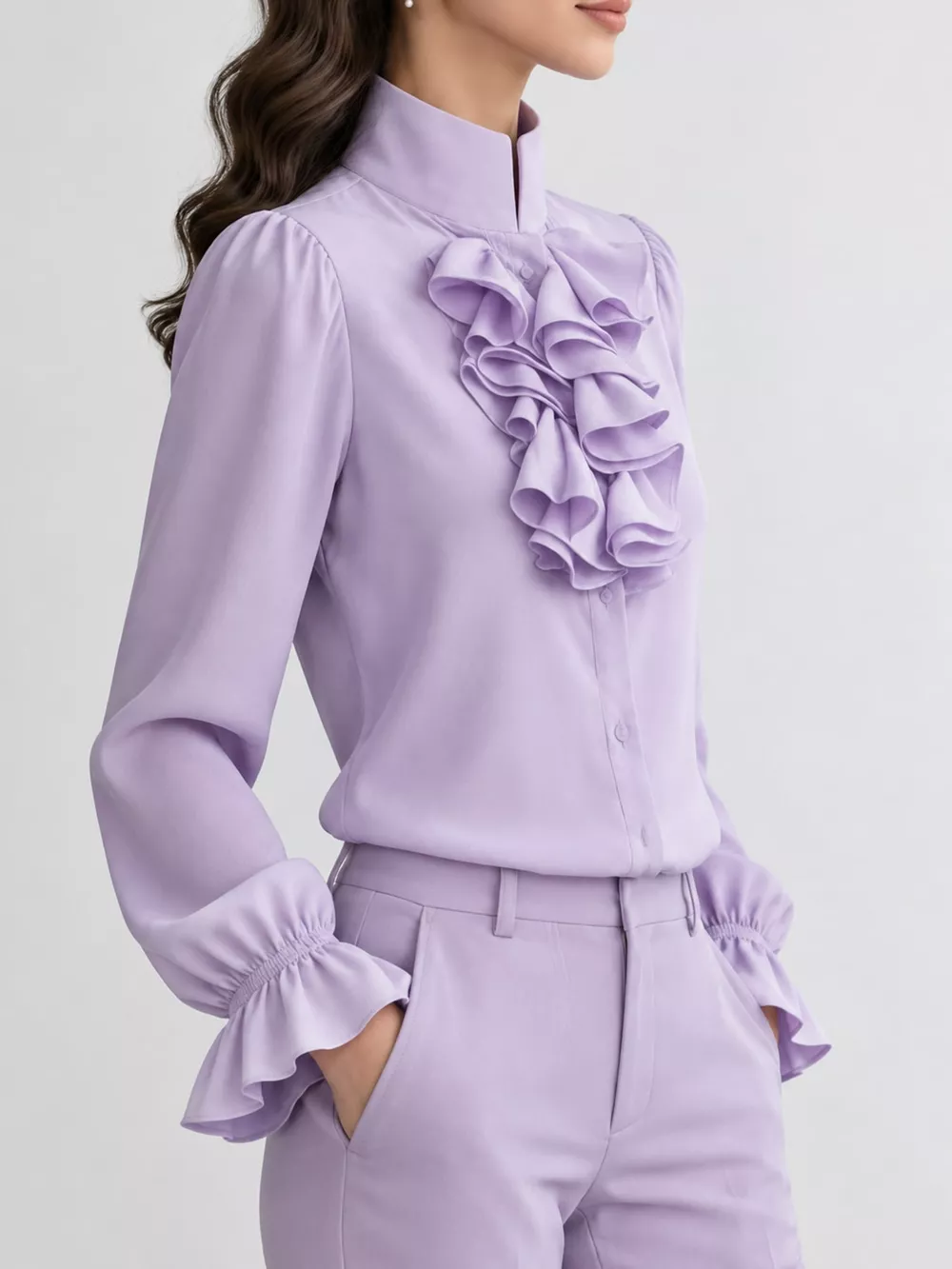 Ruffled Stand-Collar Blouse with Long Lantern Sleeves, image 24