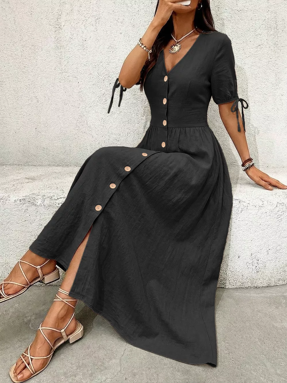 Button-Down Short Sleeve Midi Dress