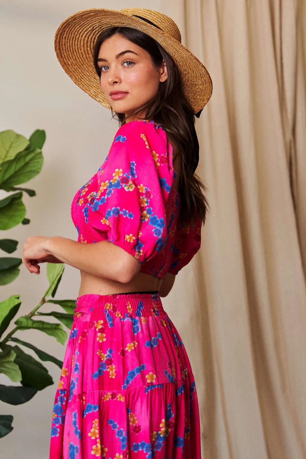 Smocing Bodice Puff Short Sleeve Printed Crop Top, image 4