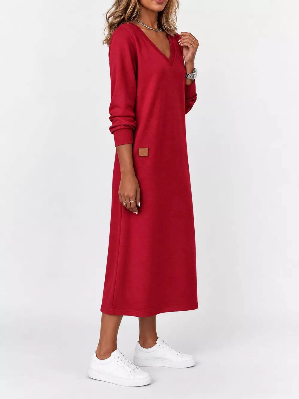 Full Size V-Neck Long Sleeve Midi Dress Plus Size, image 7