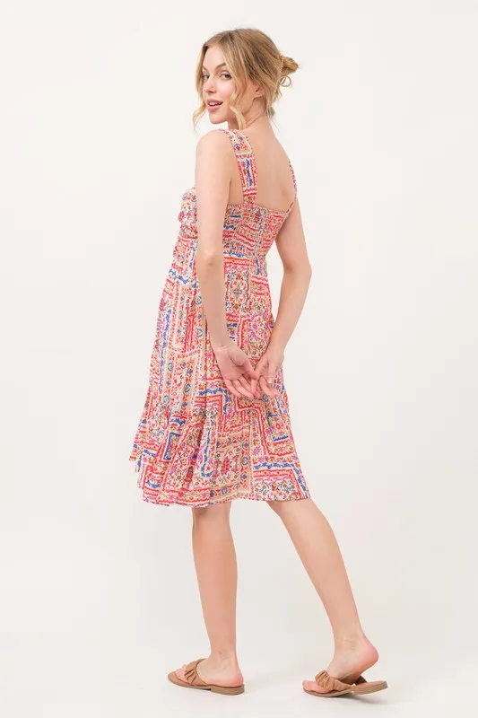 Tied Front Smocked Back Tiered Boho Printed Dress, image 2