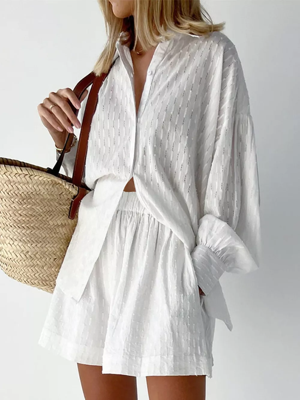 Textured Button-Down Shirt and Shorts Set