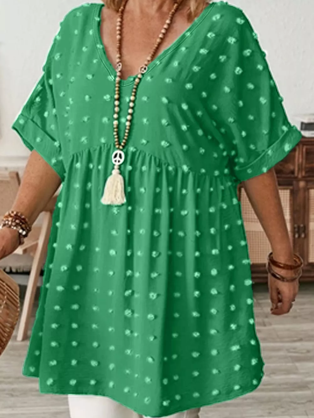 Plus Size Swiss Dot V-Neck Casual Blouse, image 13