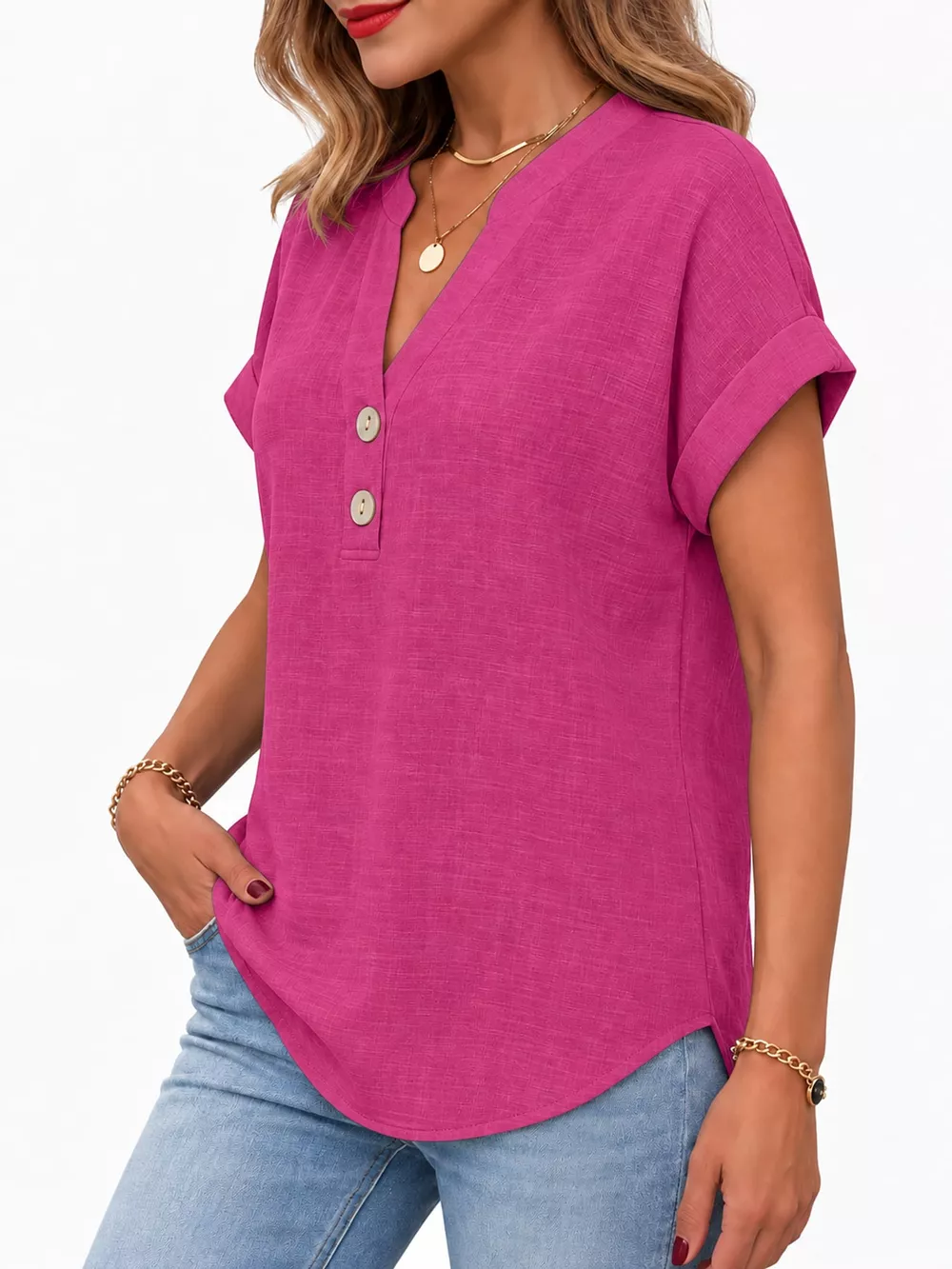 Full Size Button Detail Short Sleeve Blouse Plus Size, image 42