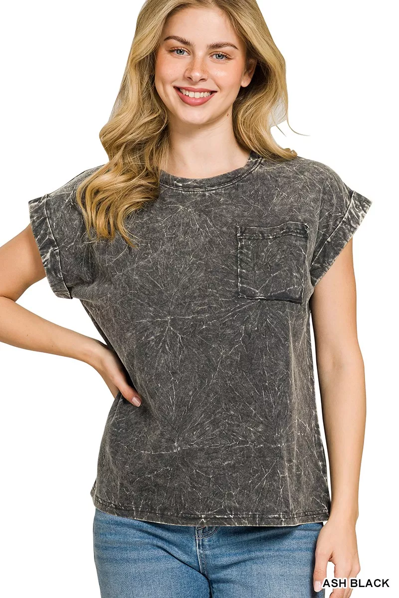 Full Size Crinkle Washed Round Neck Folded Short Sleeve Tee Plus Size