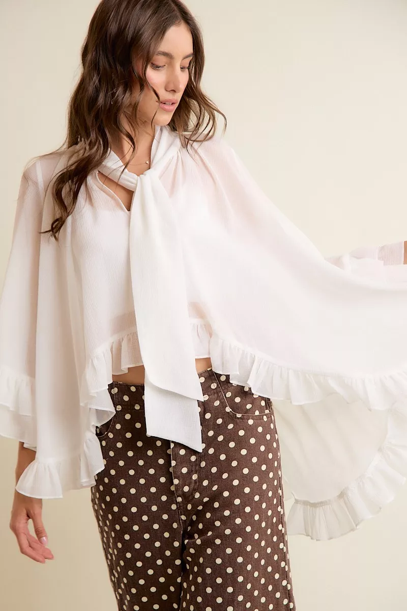 Sheer Ruffle Bell Sleeves Bow Tie Flowy Blouse Top, image 10