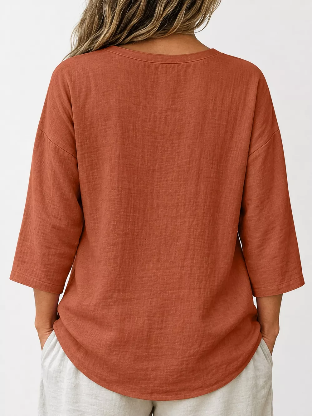 Full Size Button Detail Notched 3/4 Sleeve Blouse Plus Size, image 12
