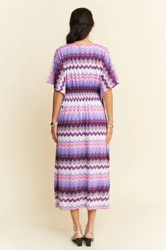 Multi Color Wavy Tie Waist Flowy Sleeve Dress, image 2