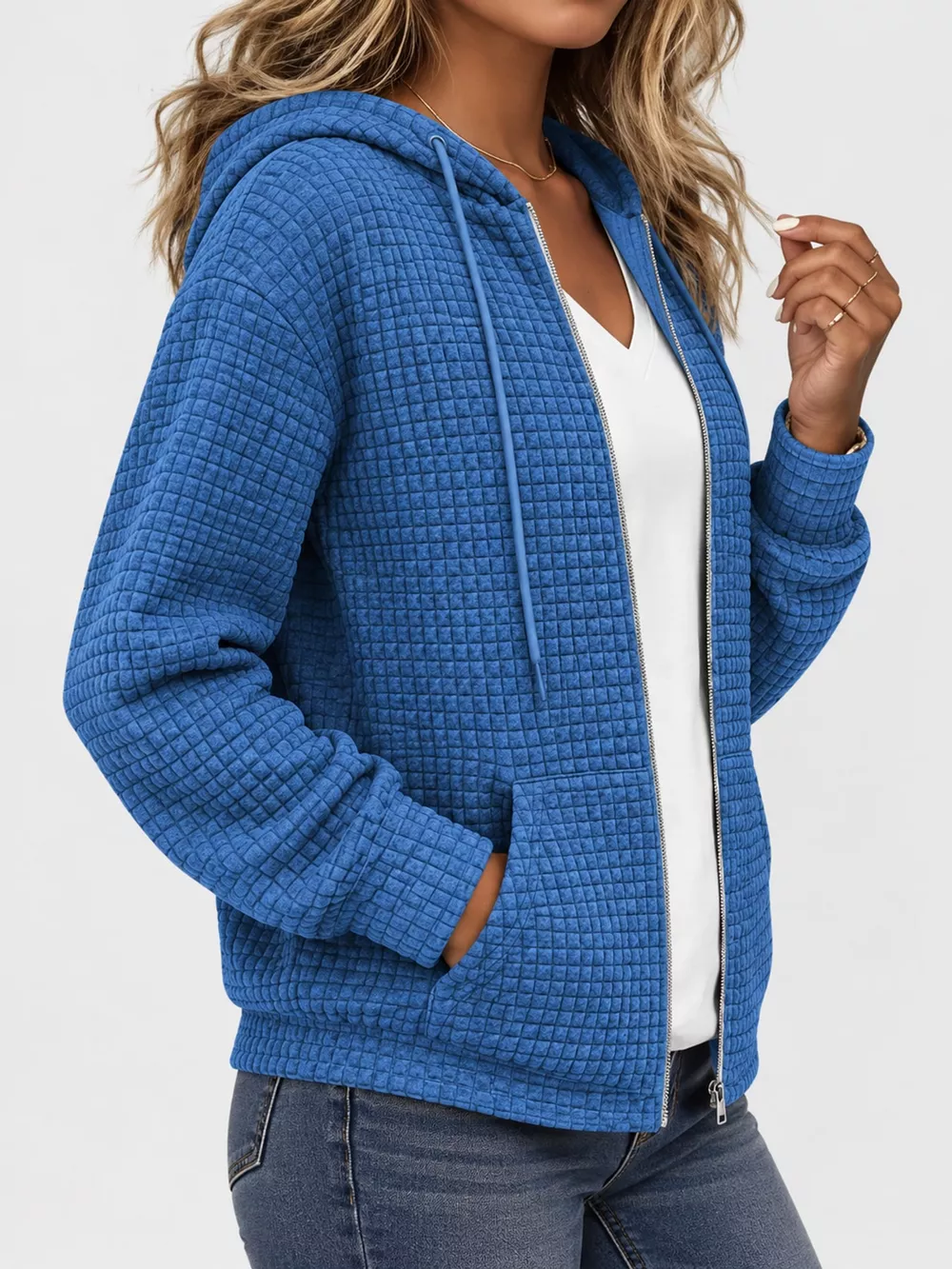 Waffle Knit Zip-Up Hoodie with Drawstring and Pockets, image 16