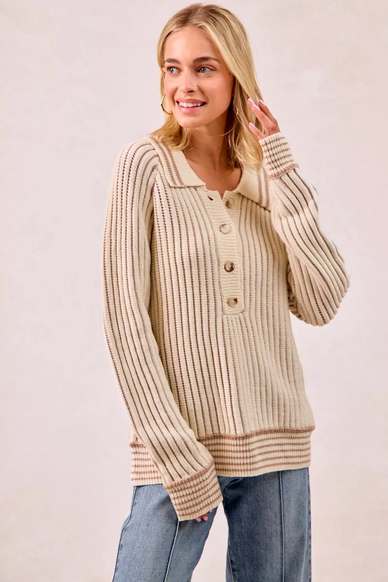 Half Button Ribbed Two Tone Sweater, image 10