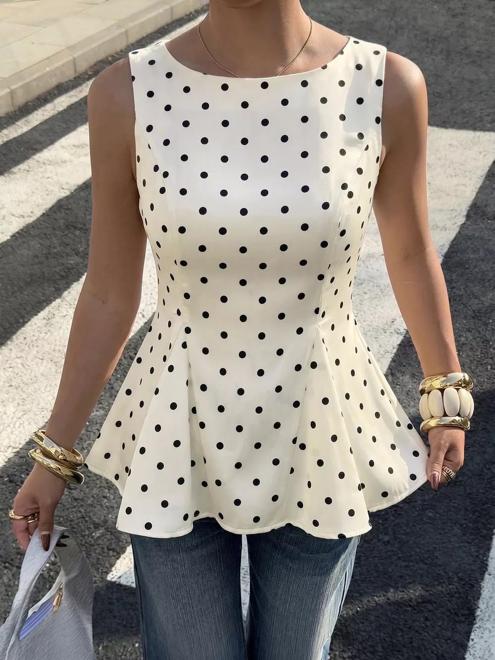 Polka Dot Sleeveless Peplum Blouse