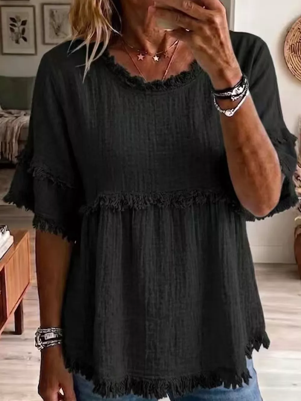 Full Size Frayed Edge Textured Blouse Plus Size, image 13