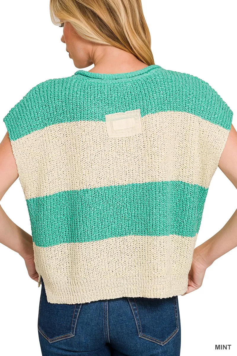 Split Neck Sleeveless Stripe Sweater, image 3