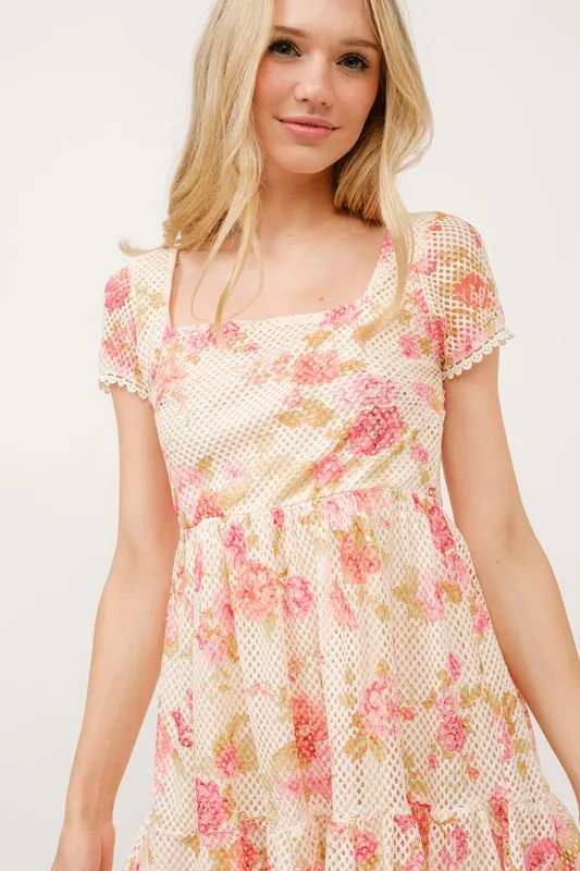 Square Neck Tiered Floral Fishnet Dress, image 3