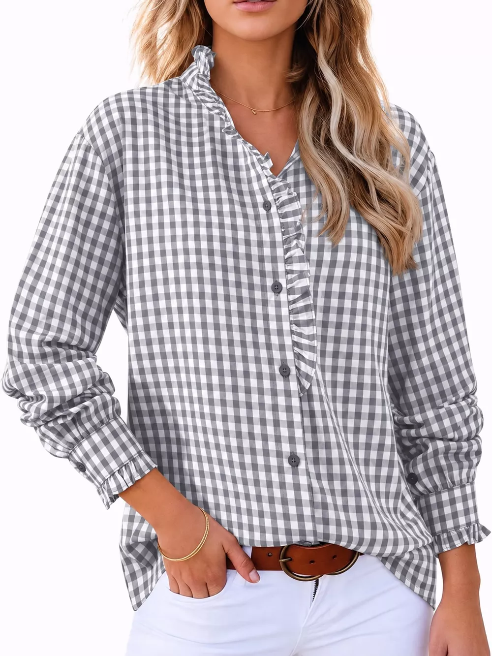 Gingham Ruffle Trim Stand Collar Shirt, image 5