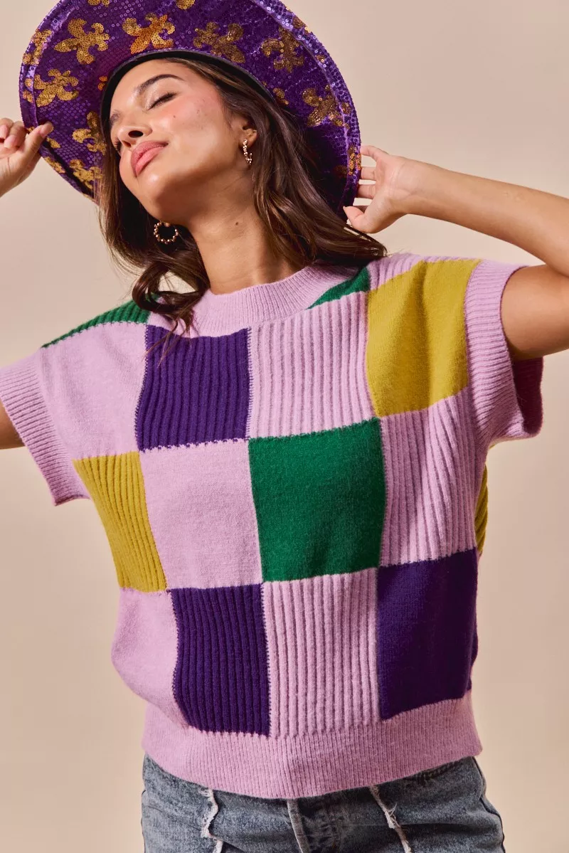 Mardi Gras Check Plaid Casual Sweater Top, image 10