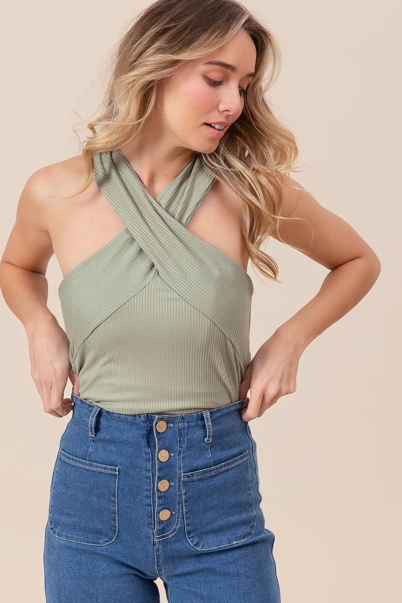 Rib Knit Cross Neck Banded Top, image 2