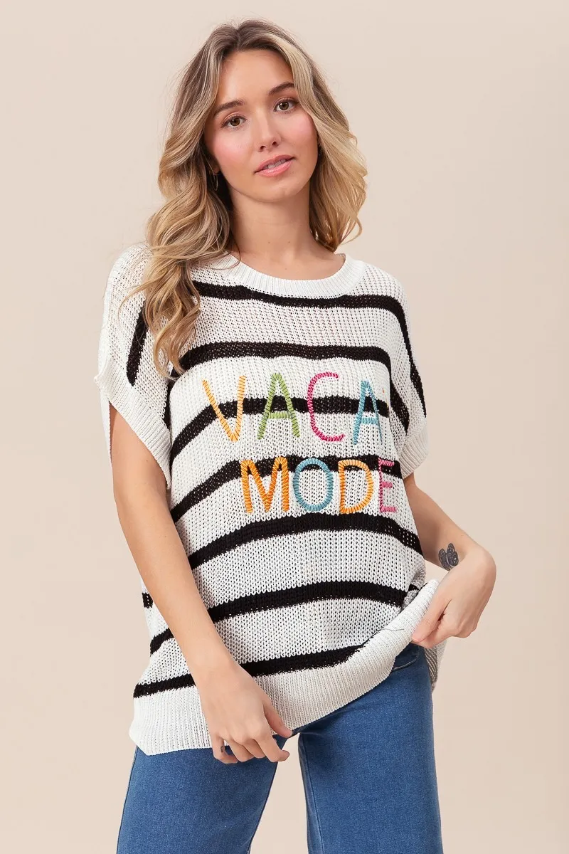 Vacay Mode Lettering Drop Shoulder Striped Sweater, image 2