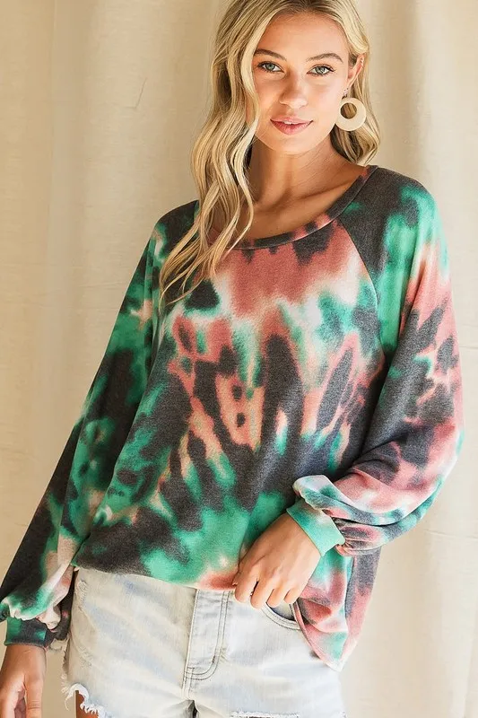 Tie Dye Print Terry Top with Puff Sleeves, image 2