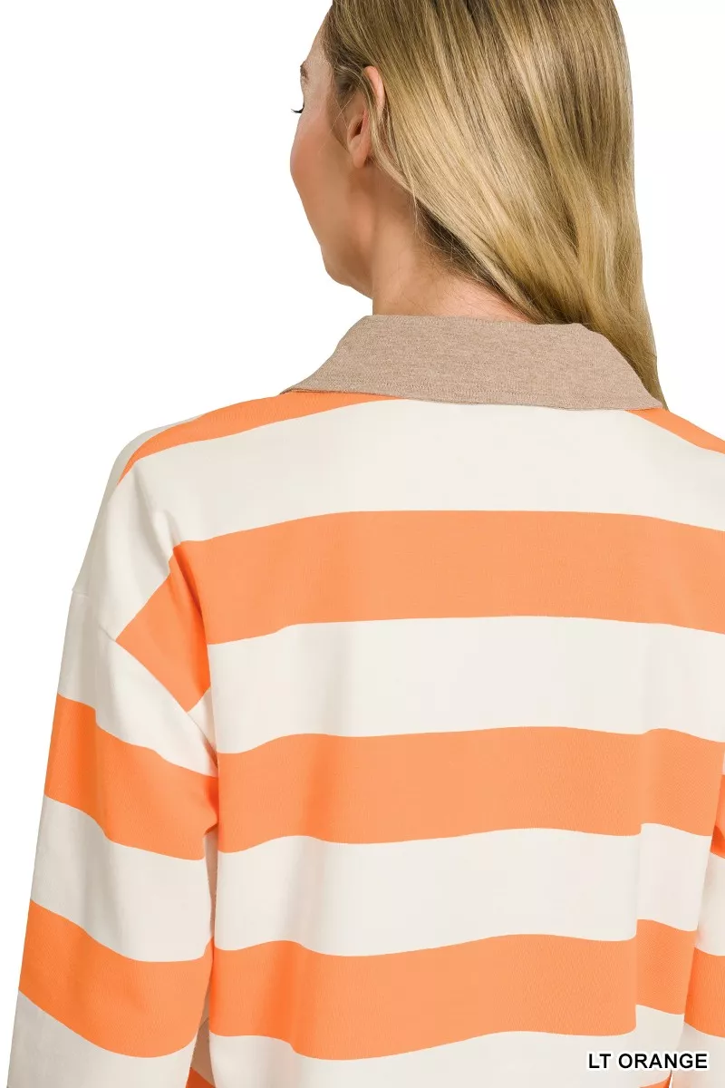 Zenana Striped Contrast Collar Polo Top, image 3